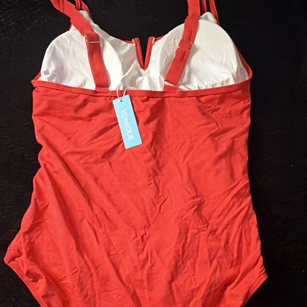YONIQUE Women's Red Solid Ruched One Piece Swimsuit V-Wire Tummy Control, L